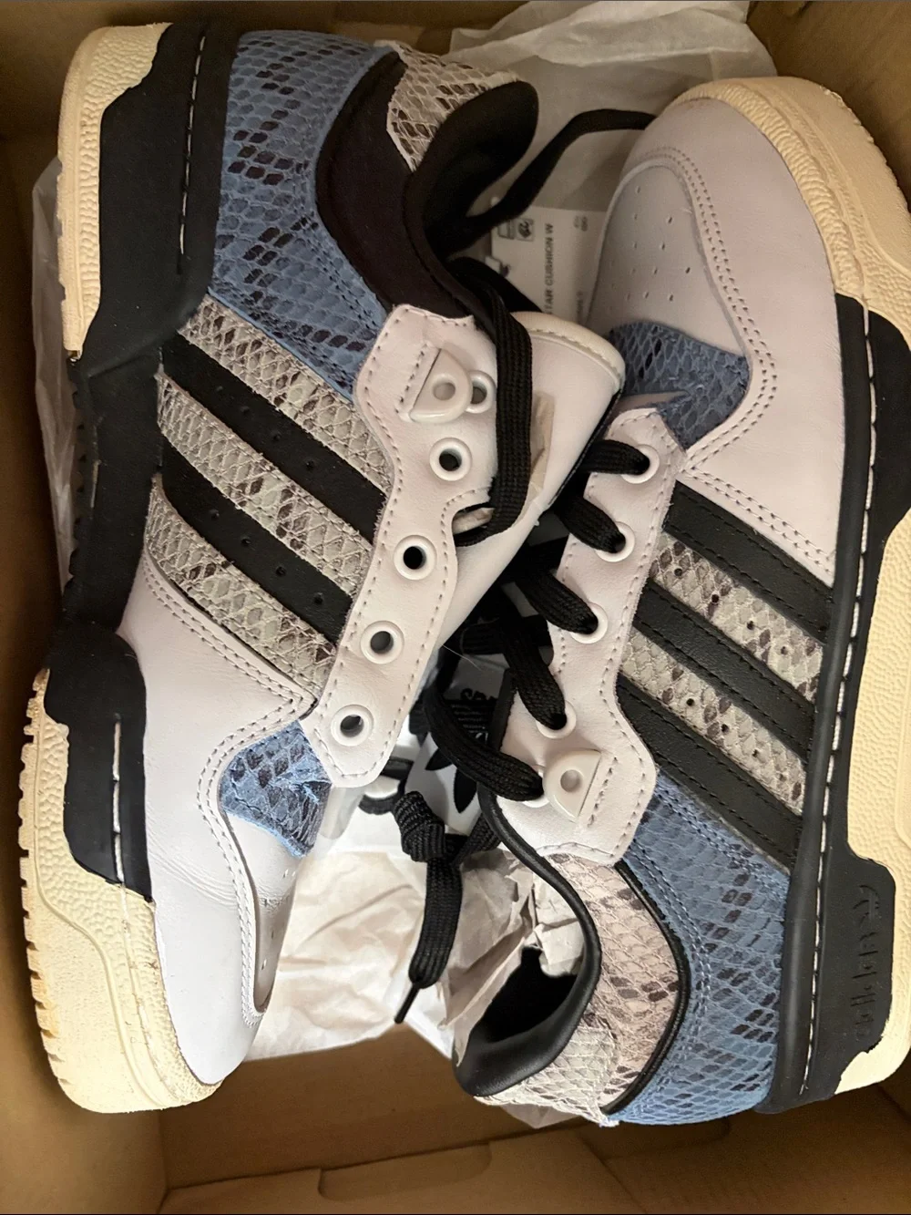 adidas women’s White and Blue Snakeskin low Top Sneakers